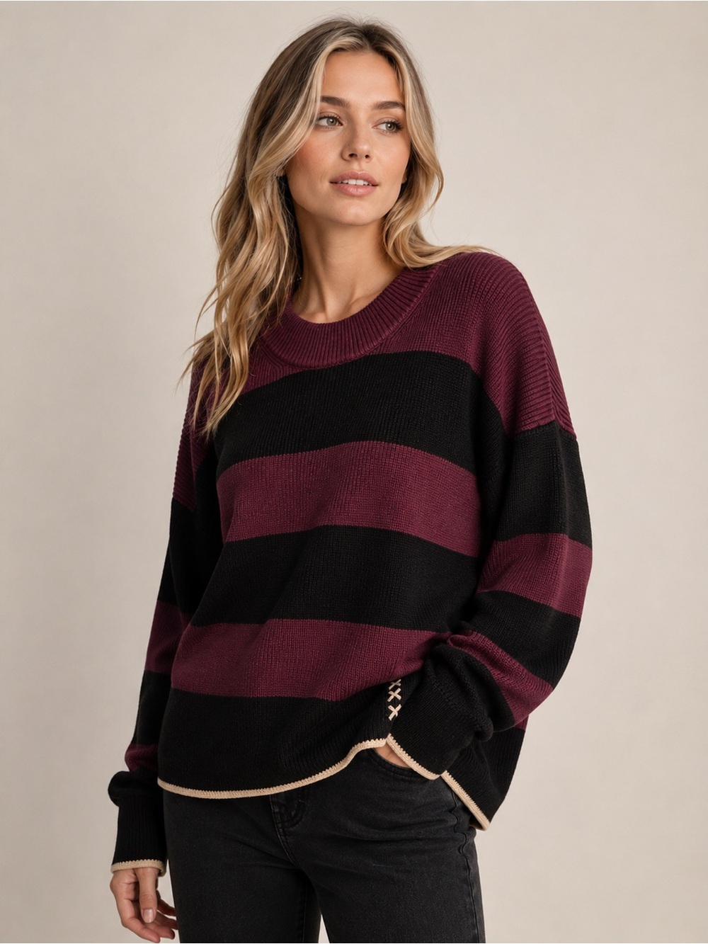 Scotch & Soda Amsterdam Plum Black Striped Rib Knit Sweater Large